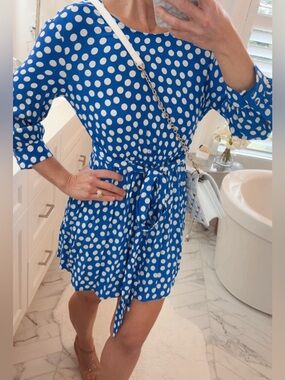 Zara trf collection Blue and White Polka Dot  Dress with Waist Tie XS
